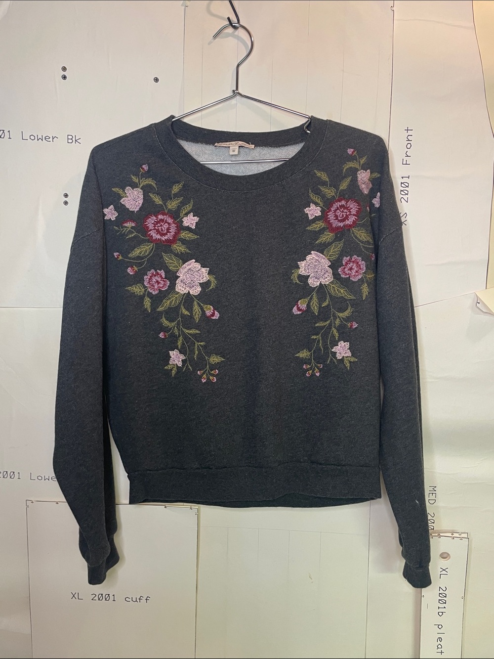 Express Charcoal Floral Embroidered Crewneck Sweater